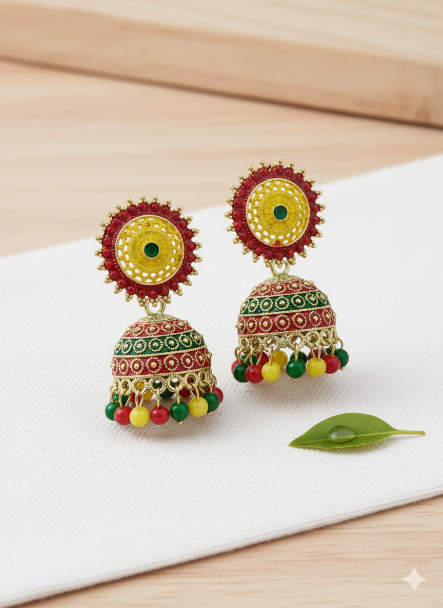 Traditional Multicolor Beaded Round Jhumka Earrings for Women &amp; Girls | Festive &amp; Wedding Wear Gold Plated Earrings.