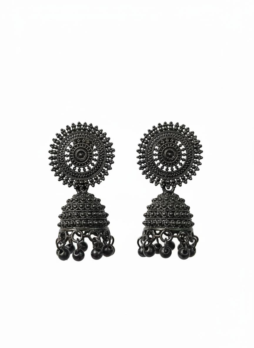 Black Oxidised Round Jhumka Earrings for Women & Girls | Traditional Antique Finish Long Ethnic Earrings | Festive & Wedding Wear Jewellery
