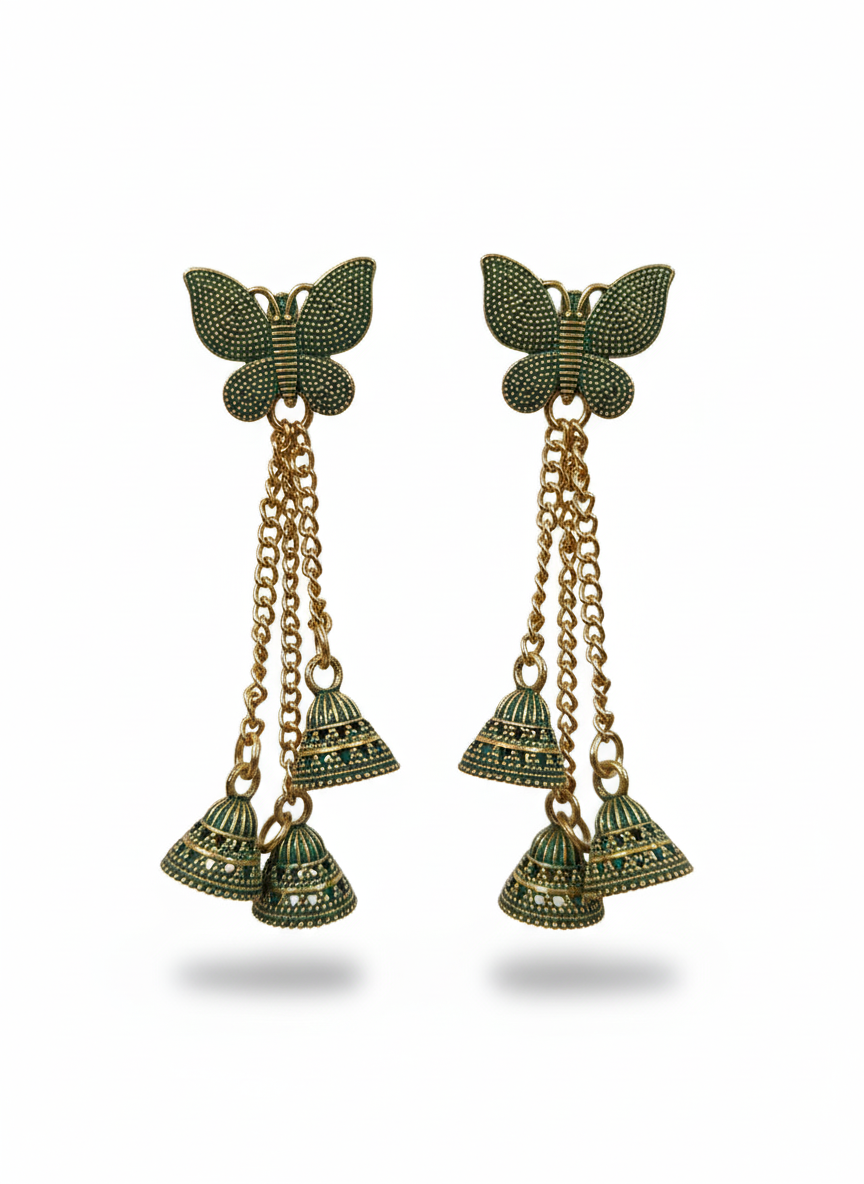 Butterfly Design Antique Green Jhumka Long Dangle Earrings for Women & Girls | Trendy Ethnic Wedding & Festive Jewellery