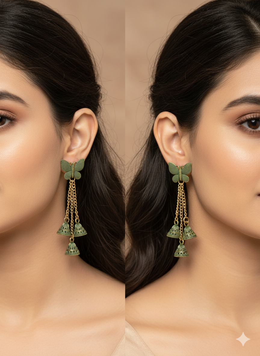 Butterfly Design Antique Green Jhumka Long Dangle Earrings for Women & Girls | Trendy Ethnic Wedding & Festive Jewellery