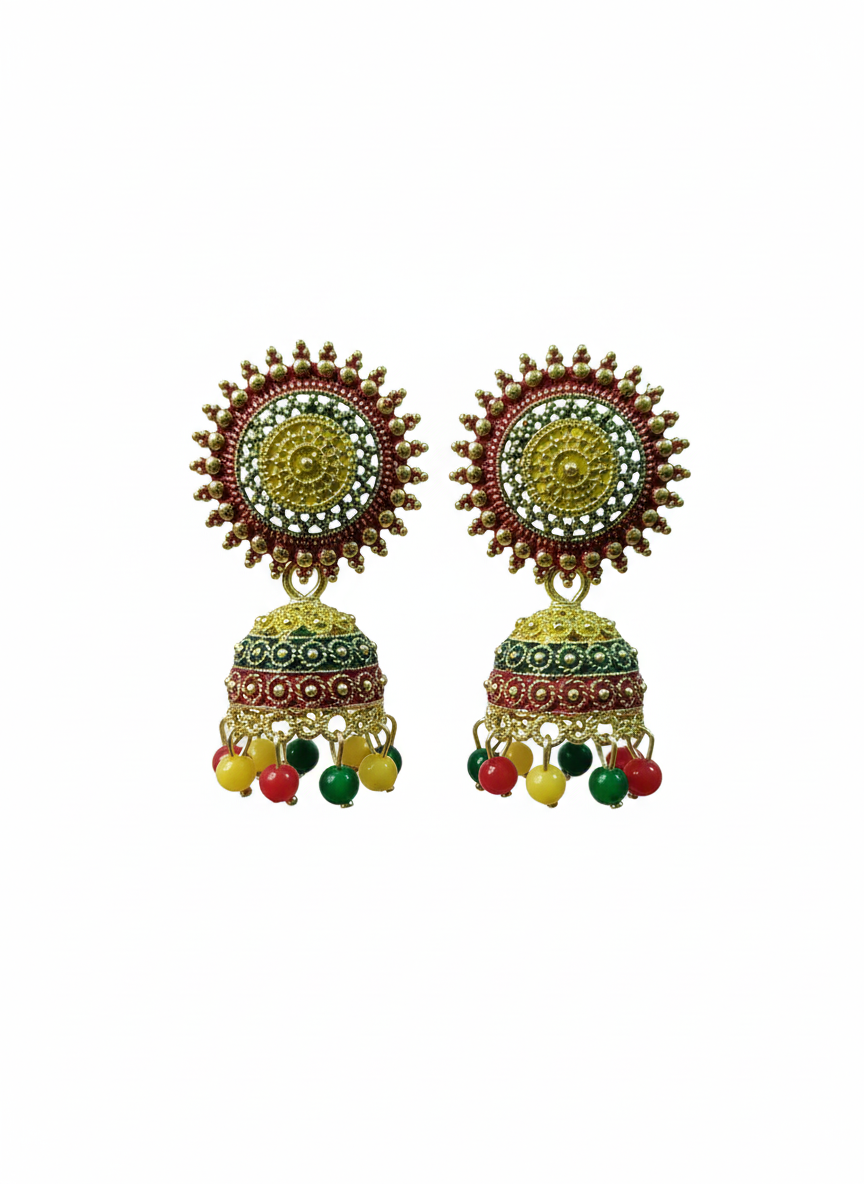 Traditional Multicolor Beaded Round Jhumka Earrings for Women &amp; Girls | Festive &amp; Wedding Wear Gold Plated Earrings.