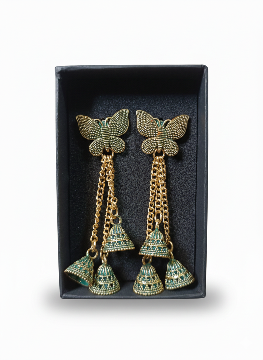 Butterfly Design Antique Green Jhumka Long Dangle Earrings for Women & Girls | Trendy Ethnic Wedding & Festive Jewellery