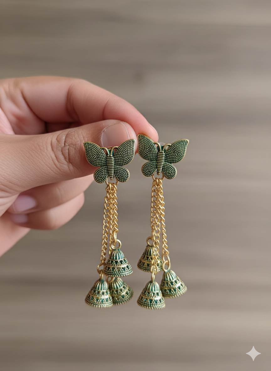 Butterfly Design Antique Green Jhumka Long Dangle Earrings for Women & Girls | Trendy Ethnic Wedding & Festive Jewellery