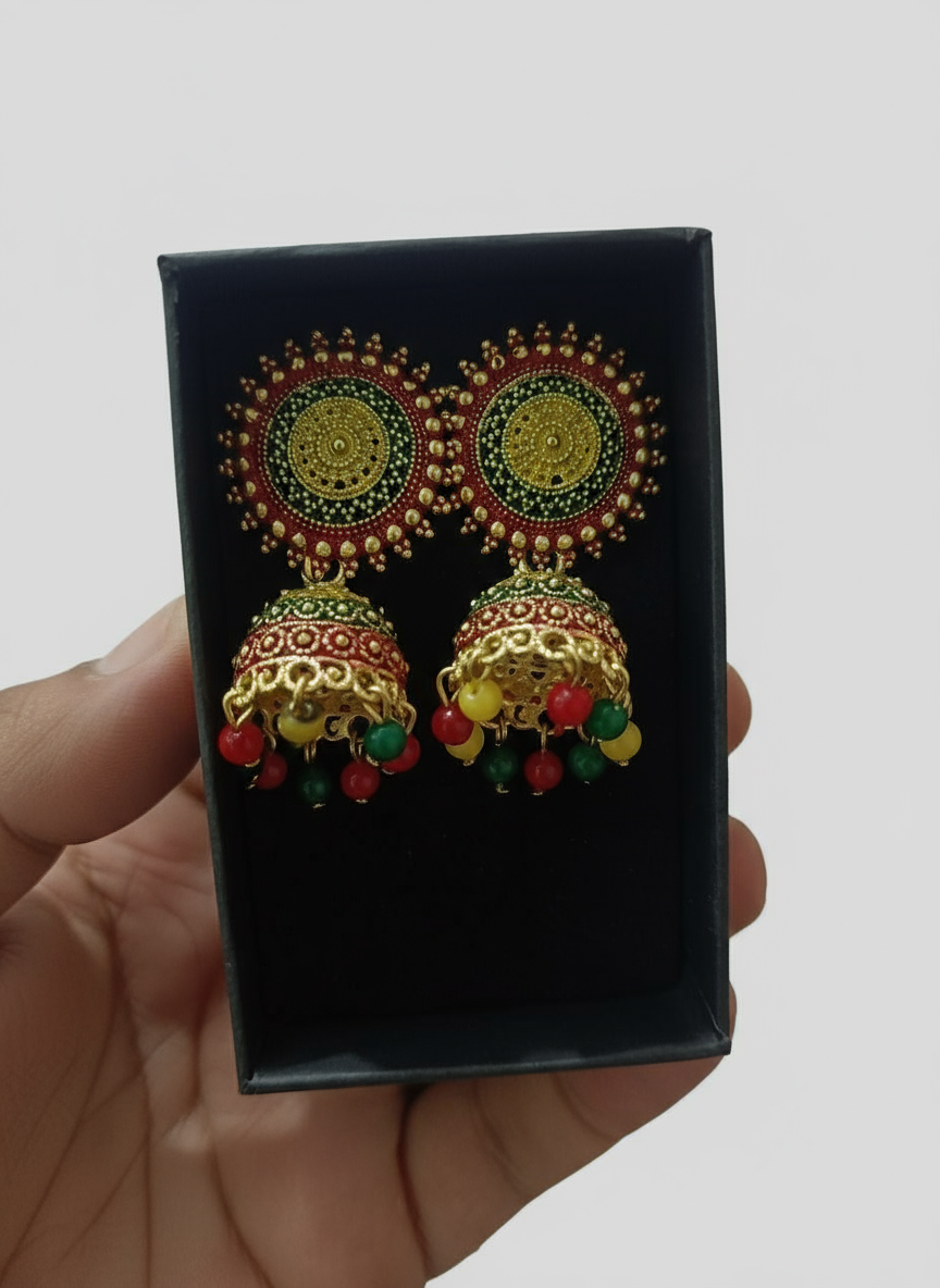 Traditional Multicolor Beaded Round Jhumka Earrings for Women &amp; Girls | Festive &amp; Wedding Wear Gold Plated Earrings.